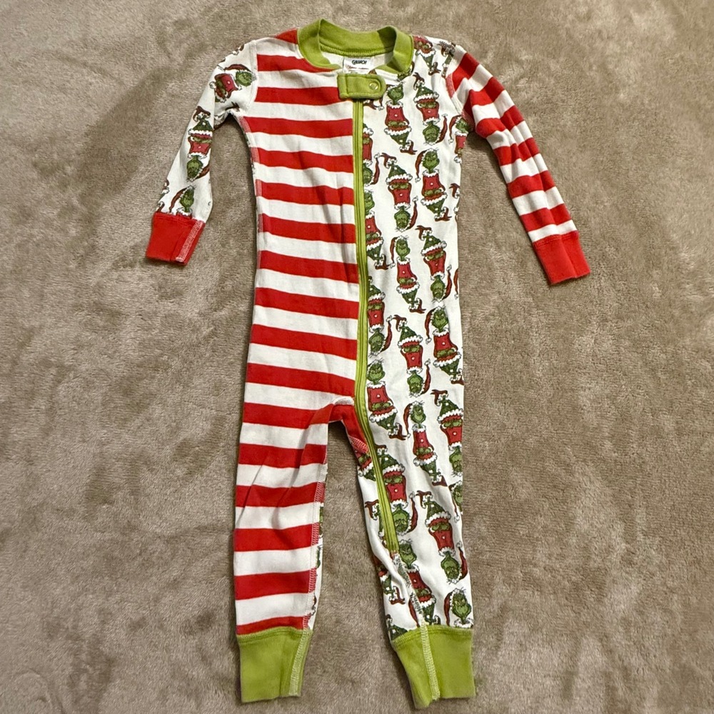 Hanna Andersson Grinch Organic Cotton Pajamas Sleeper 18-24M Red White Striped